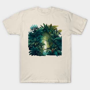 A design featuring a lush jungle scene with a hidden oasis tucked away within it. T-Shirt